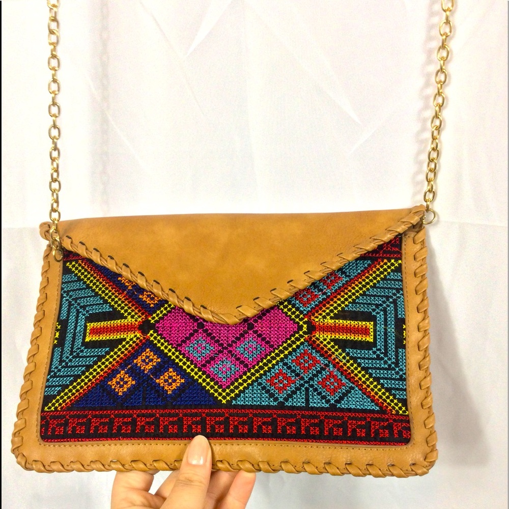 Vibrant stitched geometric and faux leather clutch/crossbody